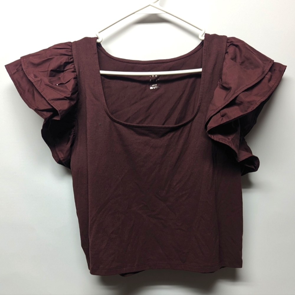 Women's Brown Short Sleeve Top with Ruffle Sleeves
